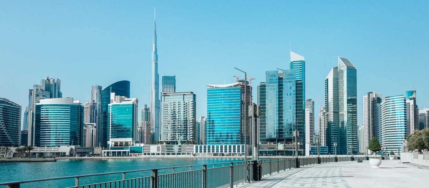 Dubai, UAE - April 15, 2021: Daytime view of the Business Bay skyline, Dubai, UAE